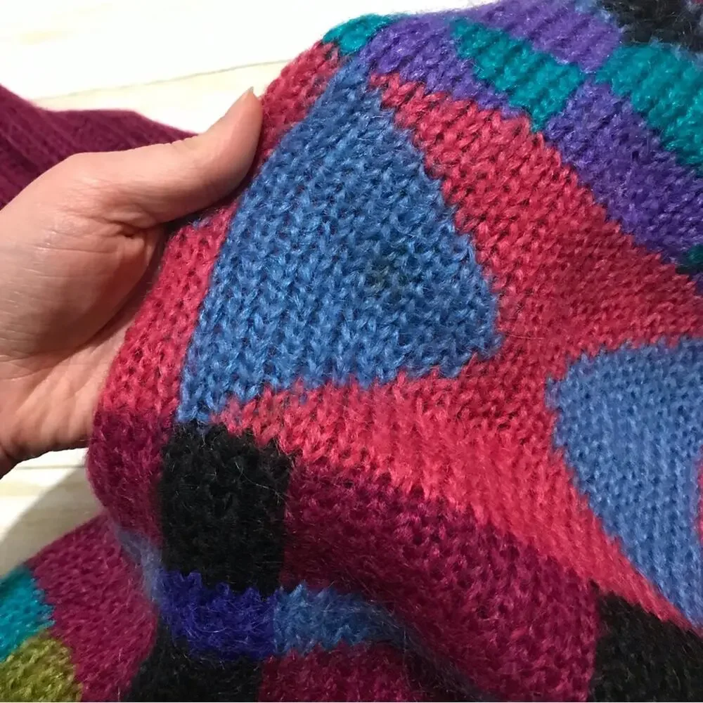 Chu Vintage‎ 80s 90s Mohair Geometric Color Block Oversized Sweater Size Medium